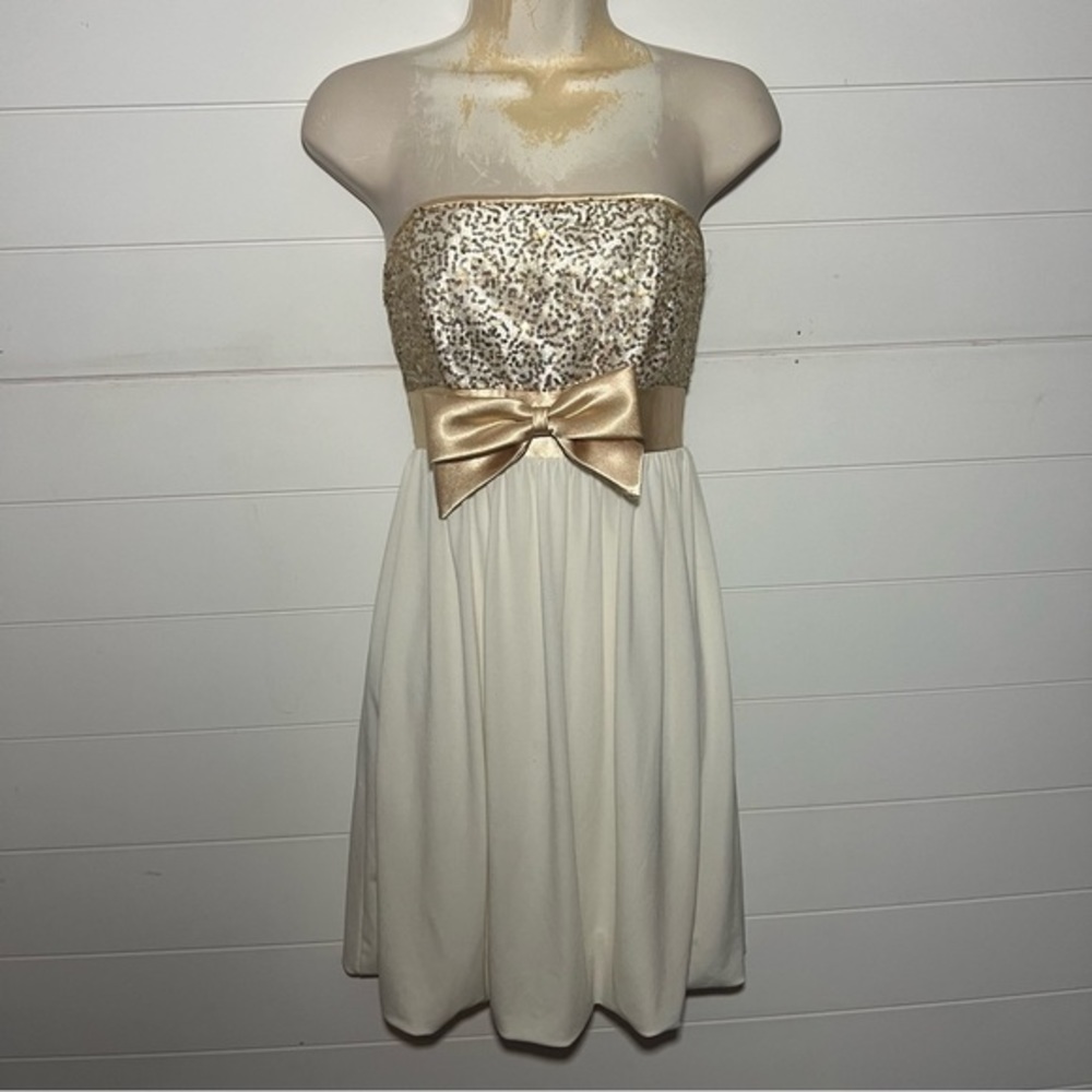 Jessica McClintock for Gunne Sax gold strapless sequin bubble cocktail dress